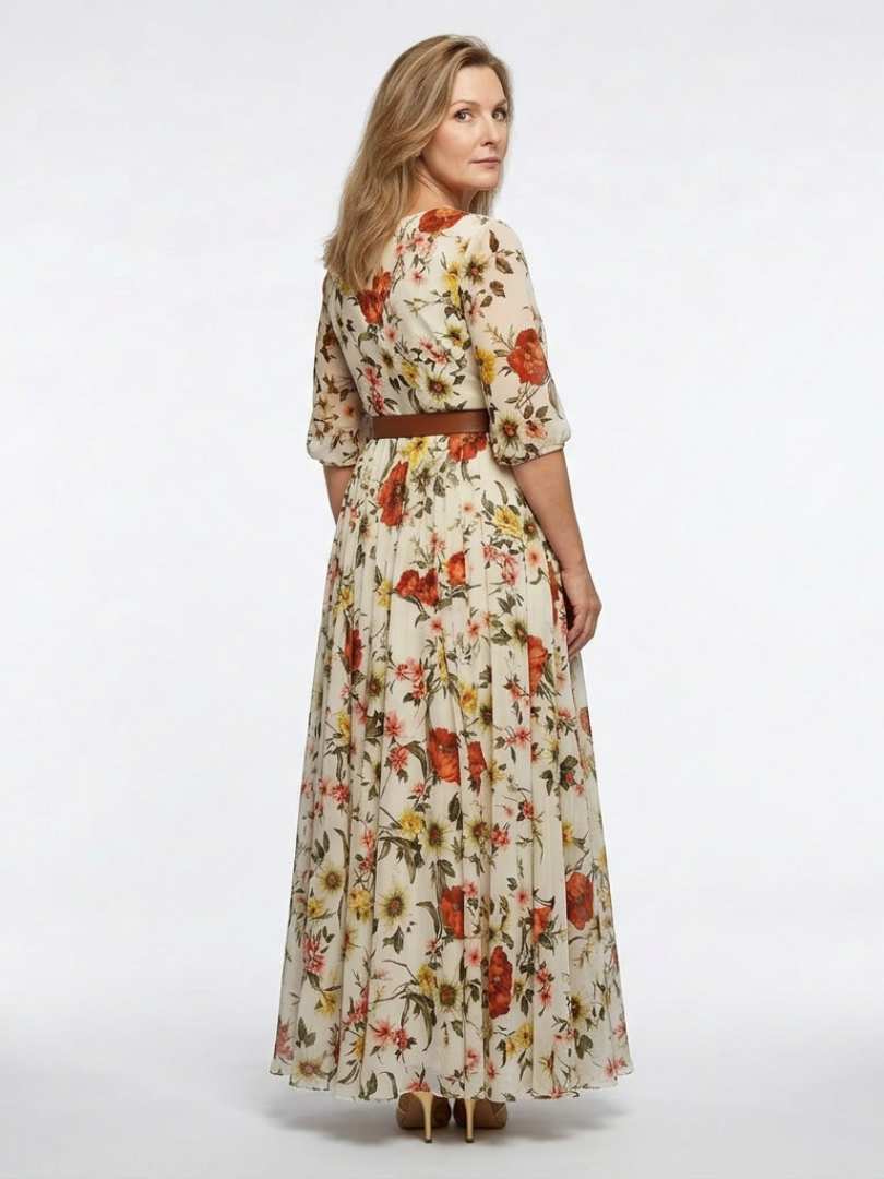 Odelia | Round Neck Three Quarter Sleeve Belted Maxi Dress